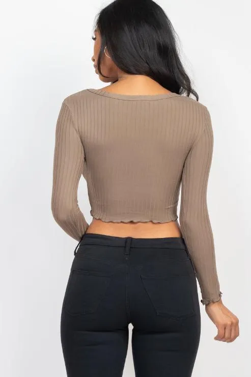 Ribbed Button Front Split Long Sleeve Top (CAPELLA)