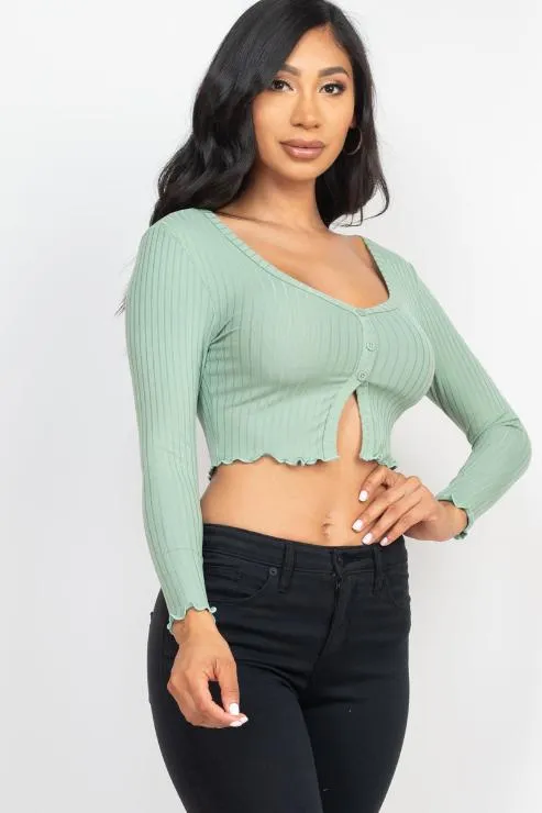 Ribbed Button Front Split Long Sleeve Top (CAPELLA)