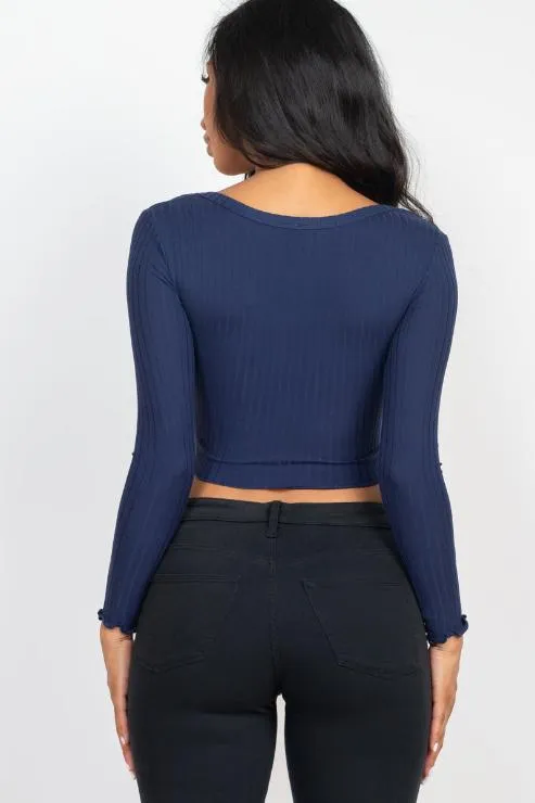 Ribbed Button Front Split Long Sleeve Top (CAPELLA)