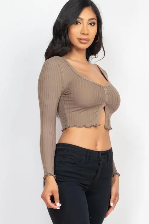 Ribbed Button Front Split Long Sleeve Top (CAPELLA)