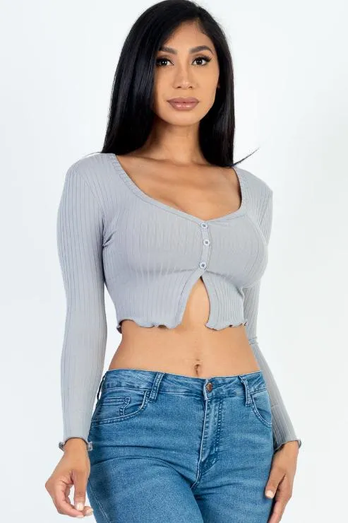 Ribbed Button Front Split Long Sleeve Top (CAPELLA)