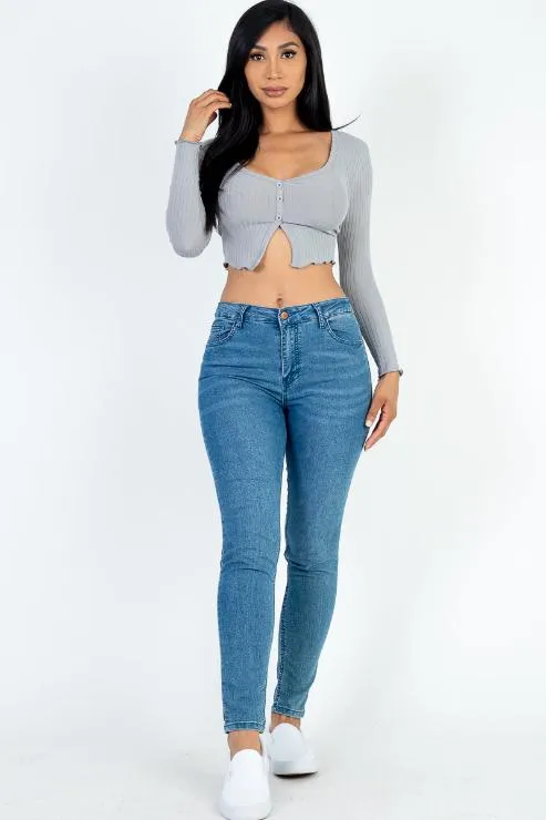 Ribbed Button Front Split Long Sleeve Top (CAPELLA)