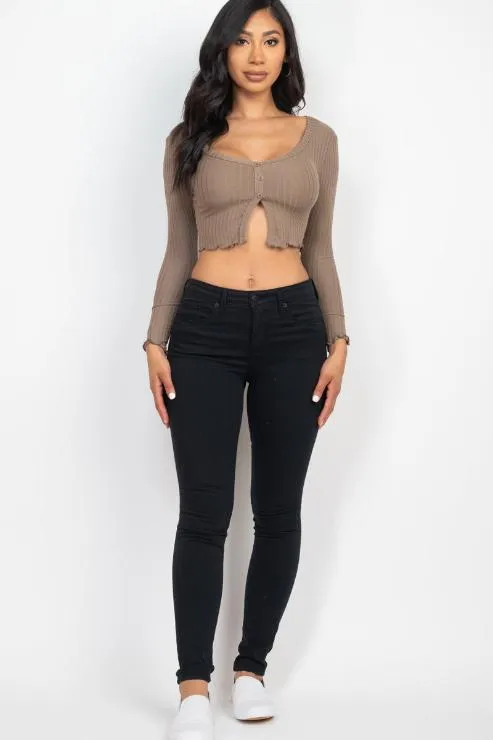 Ribbed Button Front Split Long Sleeve Top (CAPELLA)