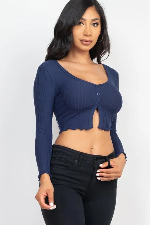 Ribbed Button Front Split Long Sleeve Top (CAPELLA)