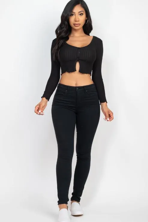 Ribbed Button Front Split Long Sleeve Top (CAPELLA)