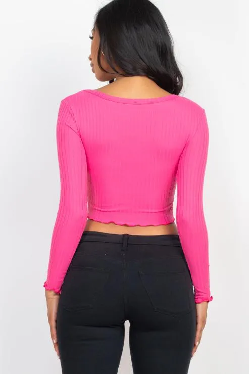 Ribbed Button Front Split Long Sleeve Top (CAPELLA)