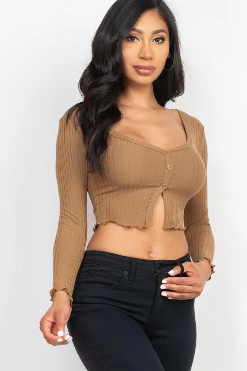 Ribbed Button Front Split Long Sleeve Top (CAPELLA)