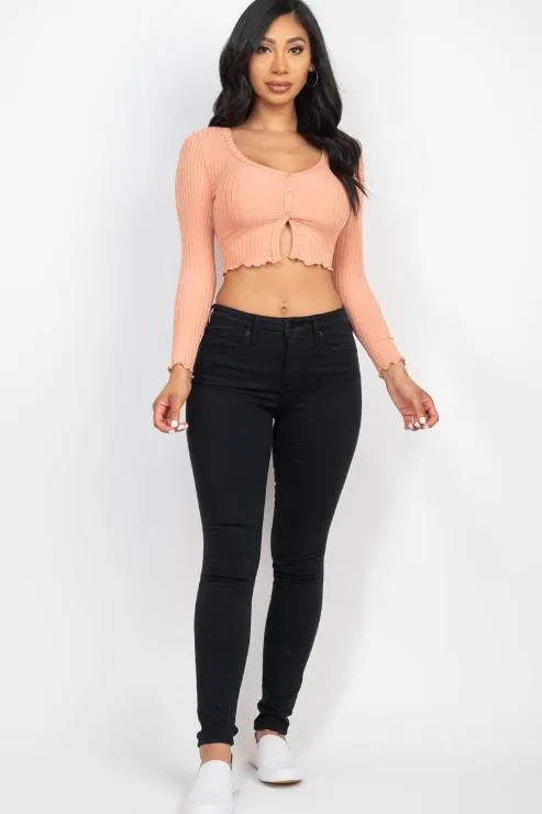 Ribbed Button Front Split Long Sleeve Top (CAPELLA)