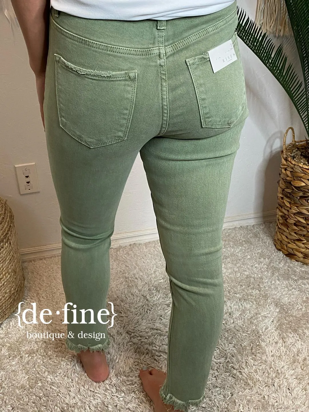 Risen Sage High Rise Fray Hem Ankle Skinny Jeans