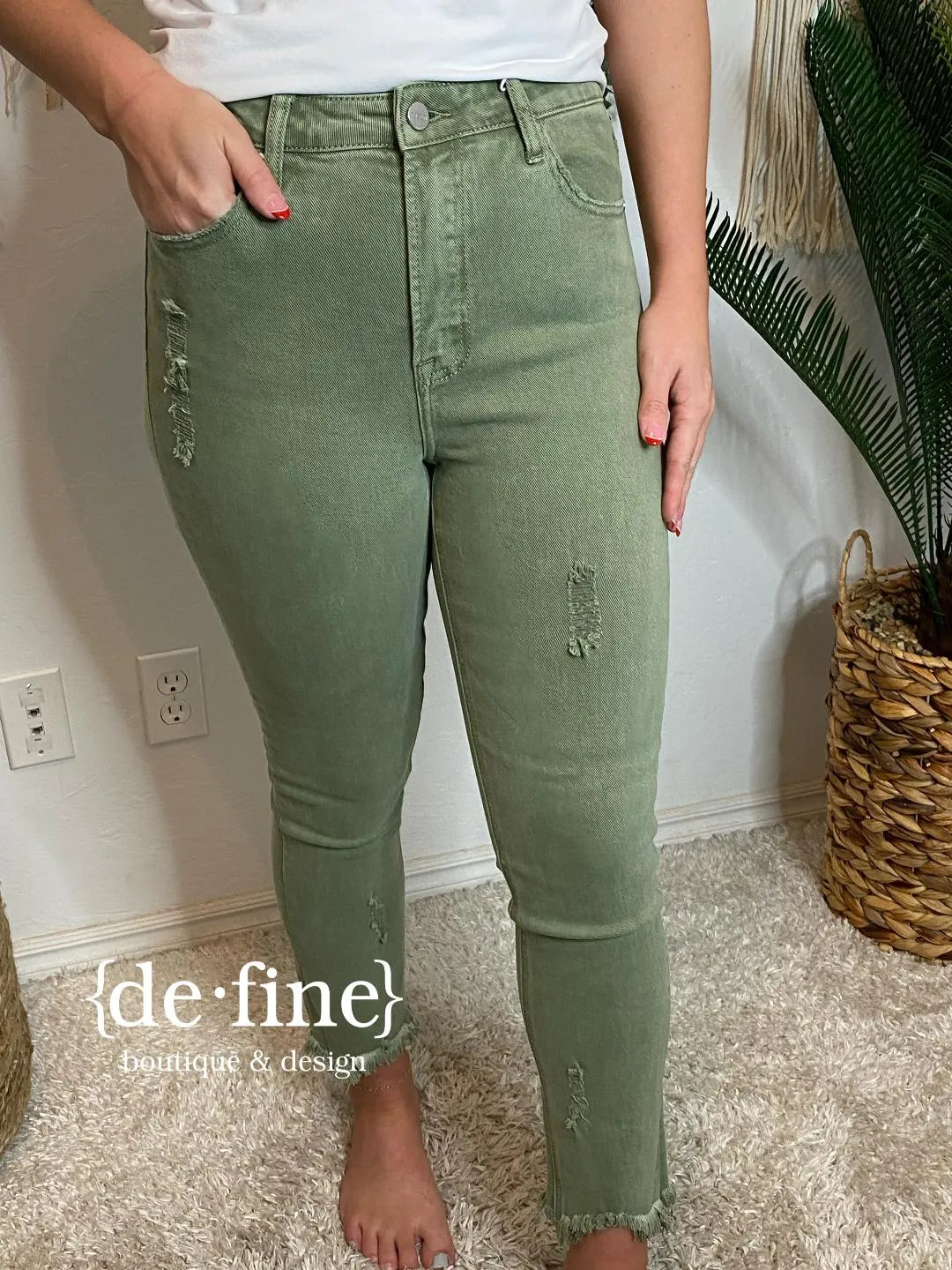Risen Sage High Rise Fray Hem Ankle Skinny Jeans