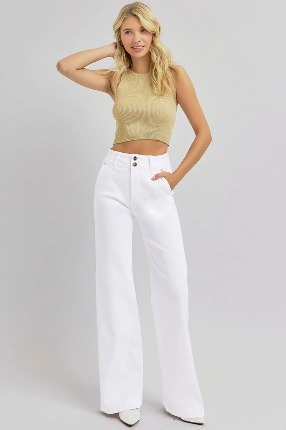 RISEN Tummy Control Double Button Wide Leg Jeans