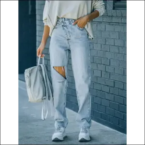Rock your Freedom with Chic Distressed Asymmetric Waist Jeans😂✨