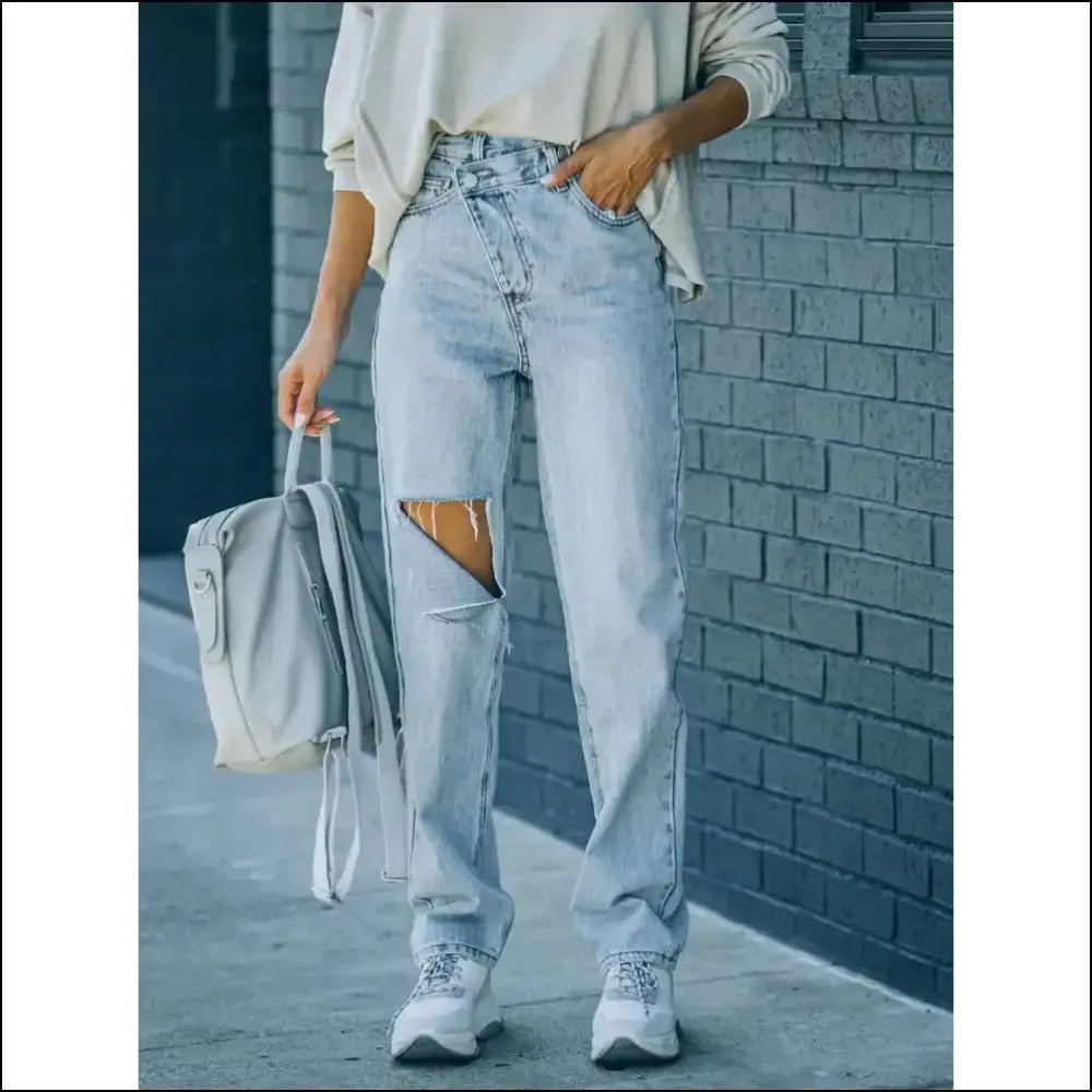 Rock your Freedom with Chic Distressed Asymmetric Waist Jeans😂✨