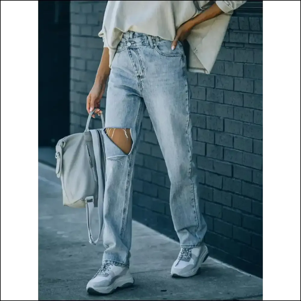 Rock your Freedom with Chic Distressed Asymmetric Waist Jeans😂✨