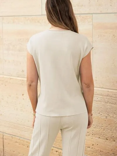 Round Neck Cap Sleeve Top and Pants Knit Set