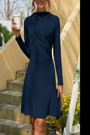 Ruched Mock Neck Long Sleeve Dress