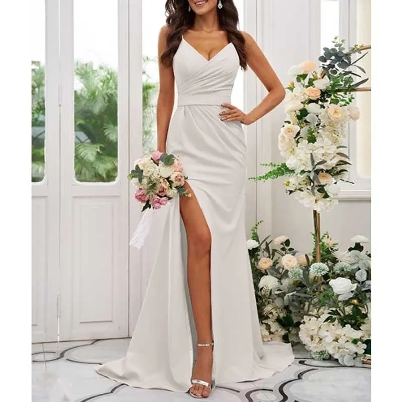 Ruched V-neck Sleeveless Sweep/Brush Train Bridal Dress Bridesmaid Dresses