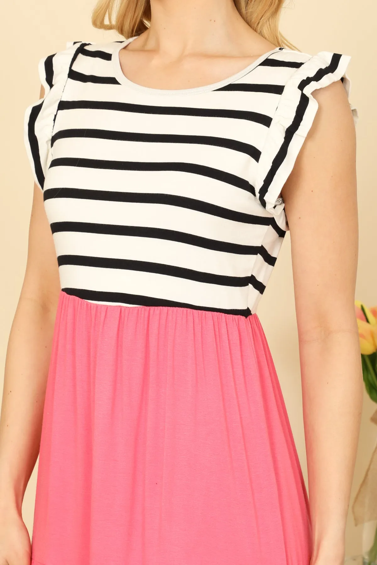 Ruffle Sleeve Stripe Contrast Solid Dress