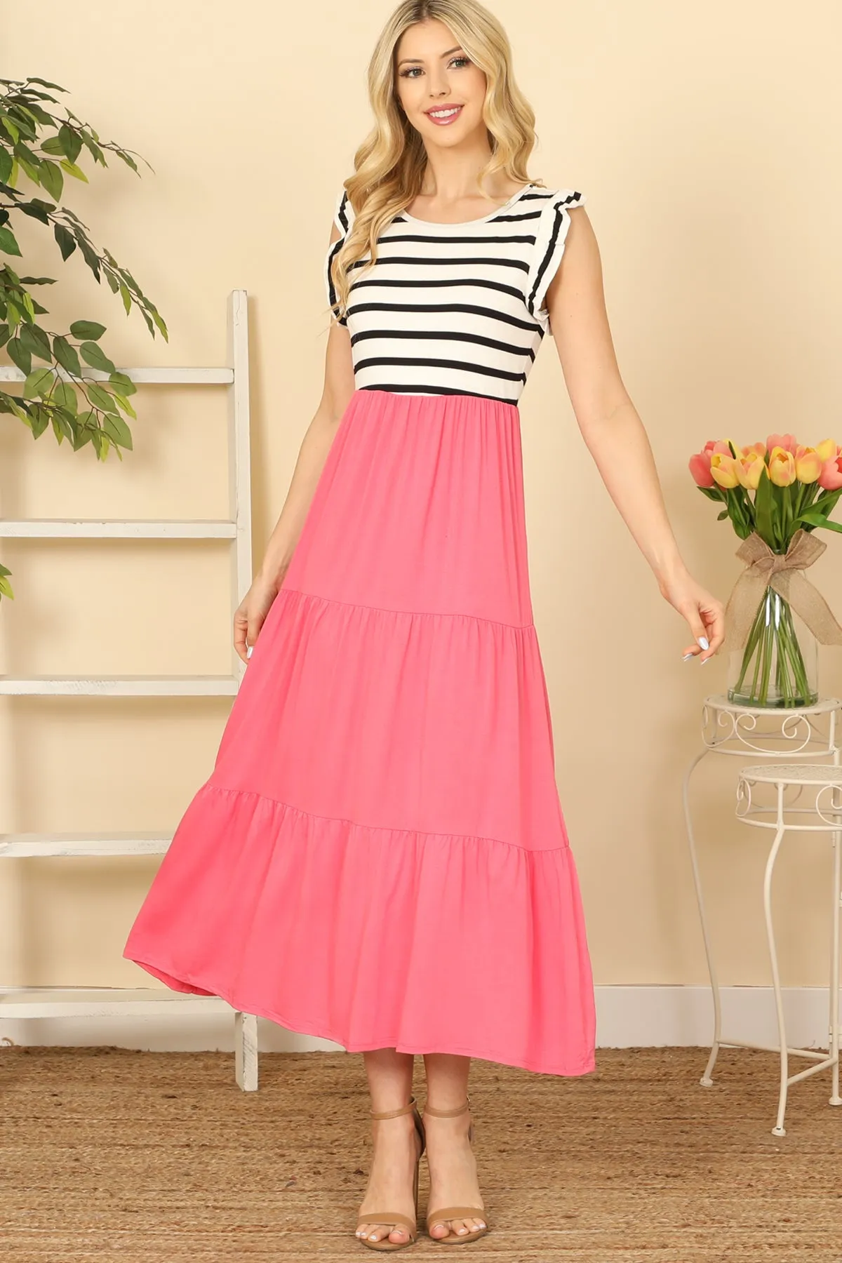 Ruffle Sleeve Stripe Contrast Solid Dress