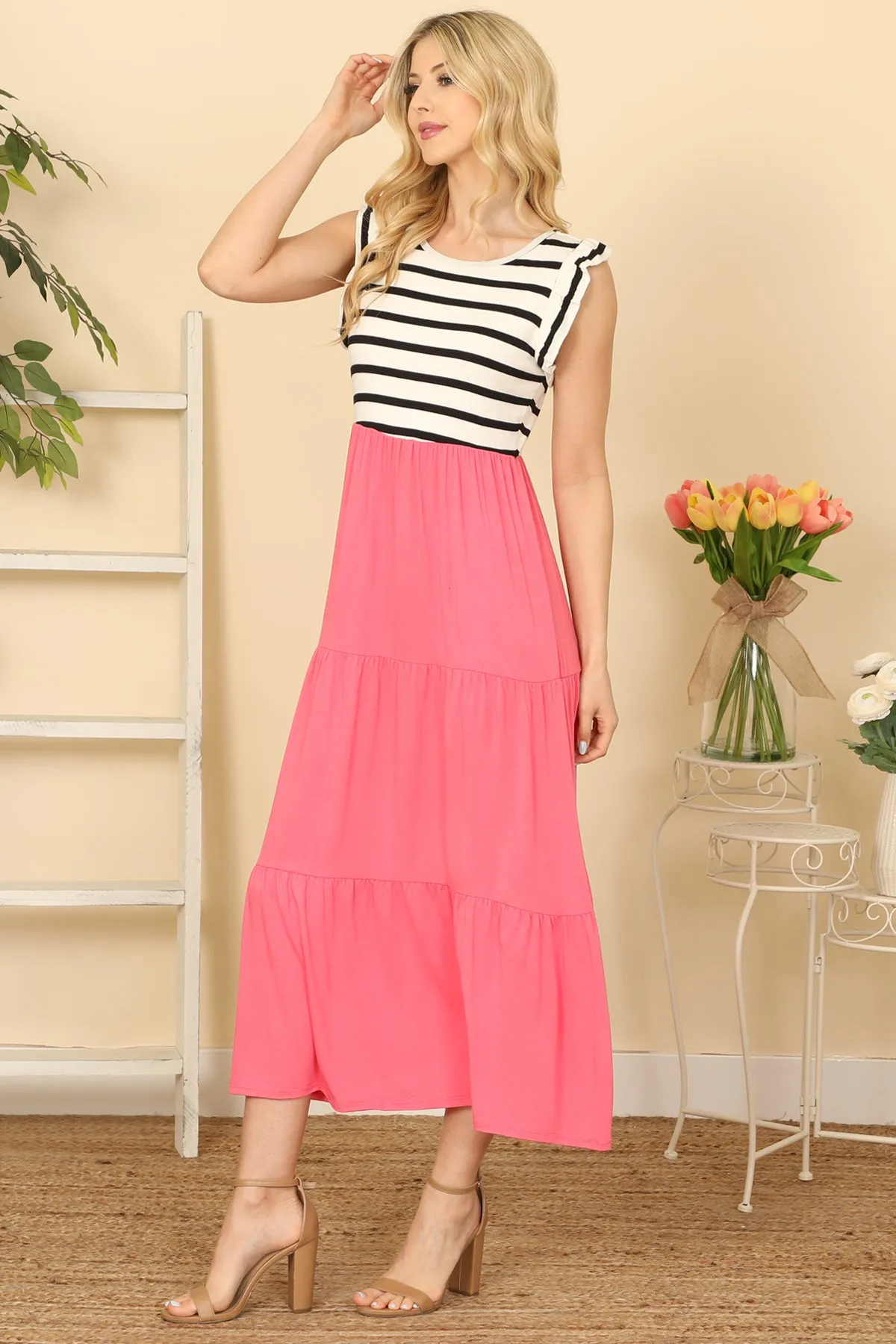 Ruffle Sleeve Stripe Contrast Solid Dress