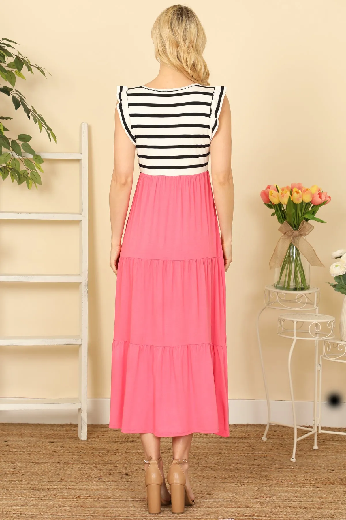 Ruffle Sleeve Stripe Contrast Solid Dress