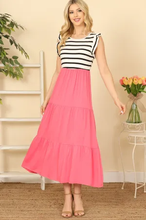 Ruffle Sleeve Stripe Contrast Solid Dress