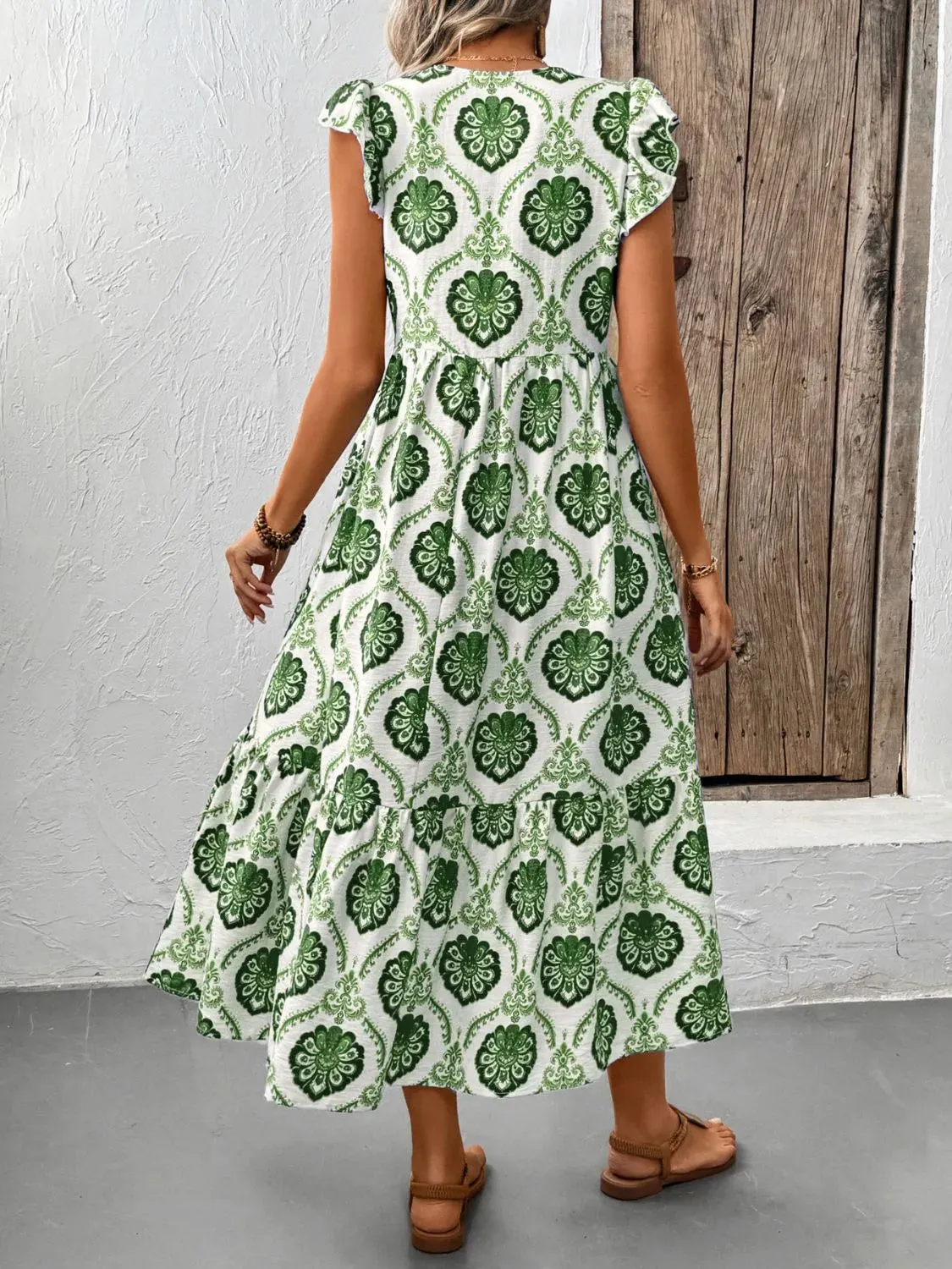 Ruffled Printed V-Neck Cap Sleeve Dress