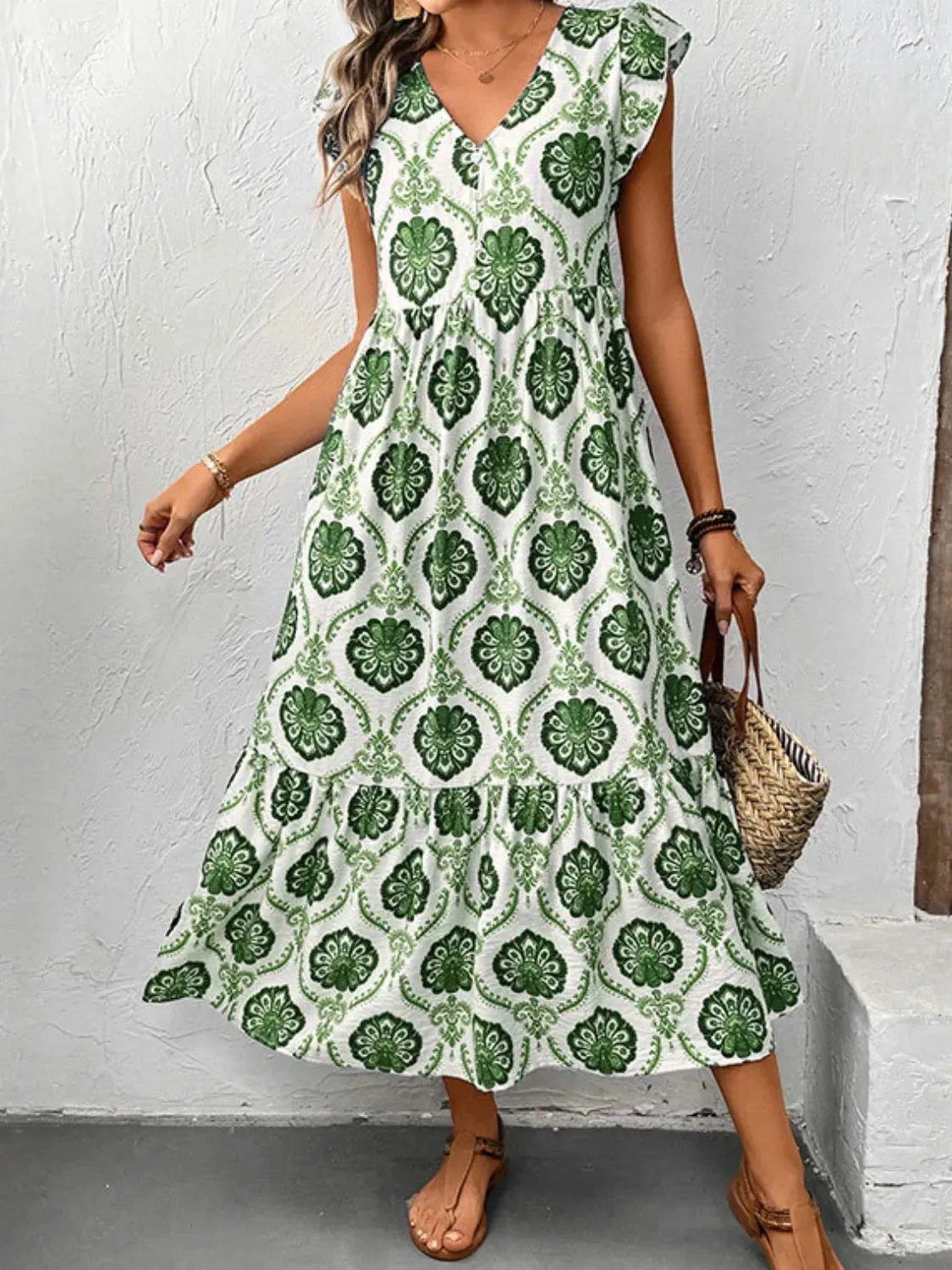 Ruffled Printed V-Neck Cap Sleeve Dress