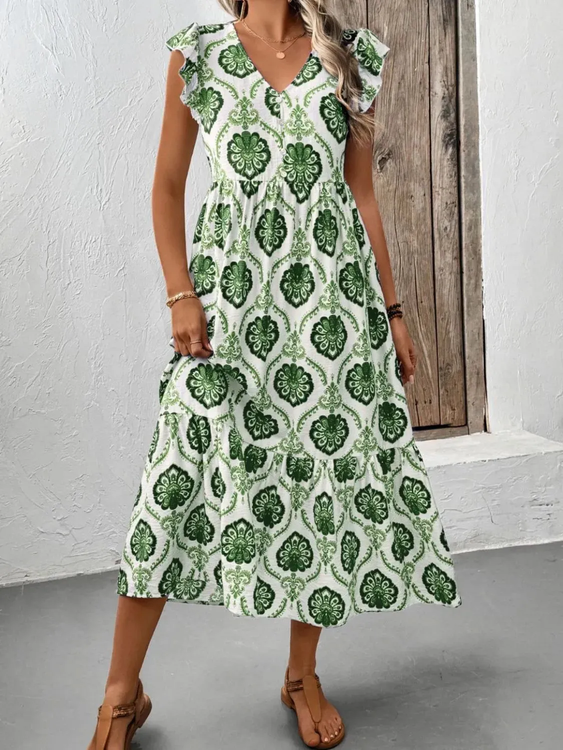 Ruffled Printed V-Neck Cap Sleeve Dress
