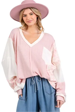 SAGE   FIG Floral Long Sleeve V-Neck Waffle Knit Top