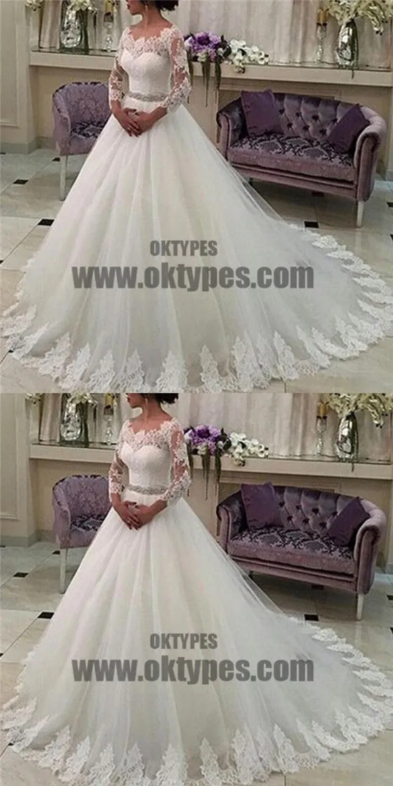 Scoop Neckline Long Sleeve See Through Long A-line Lace Tulle Wedding Party Dresses, TYP0653