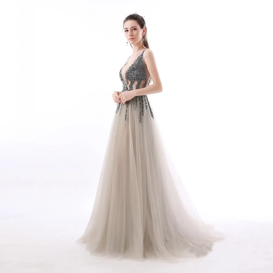 Sexy A Line Sequin Tulle Long V Neck Backless Formal Prom Dress OKC1