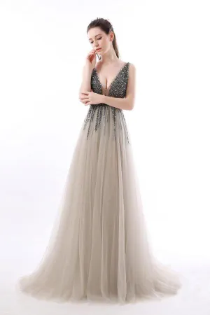 Sexy A Line Sequin Tulle Long V Neck Backless Formal Prom Dress OKC1