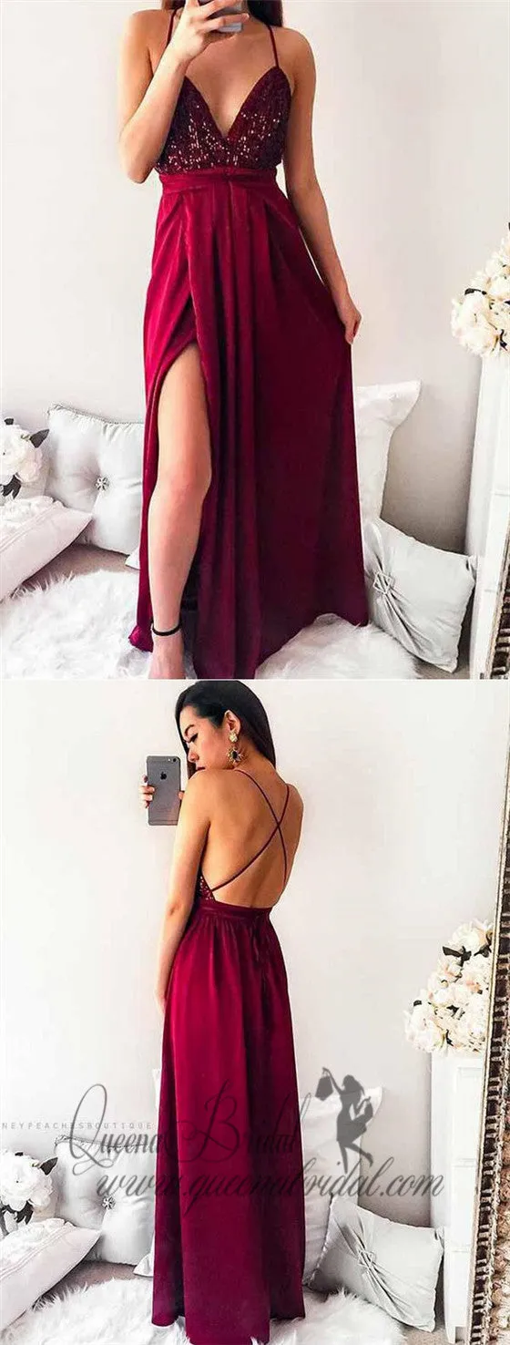 Sexy Backless Sequin Dark Red Cheap Long Evening Prom Dresses, QB0378