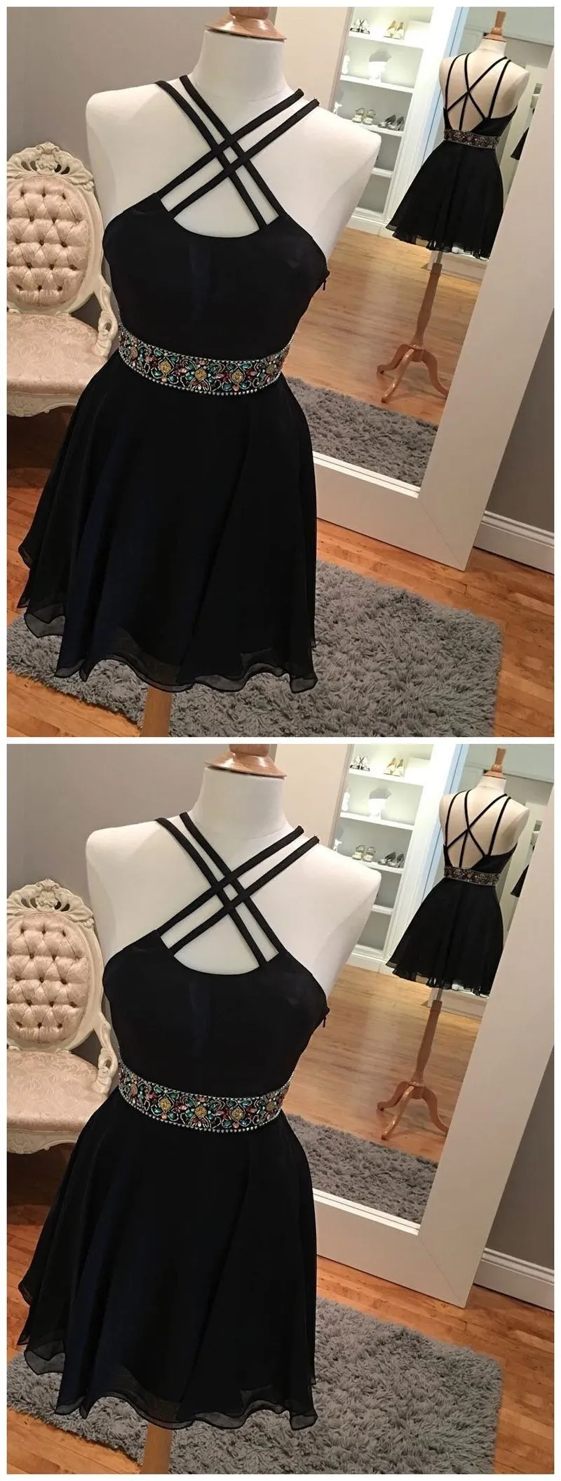 Sexy Backless Short Rhinestone Black Homecoming Dresses, CM485
