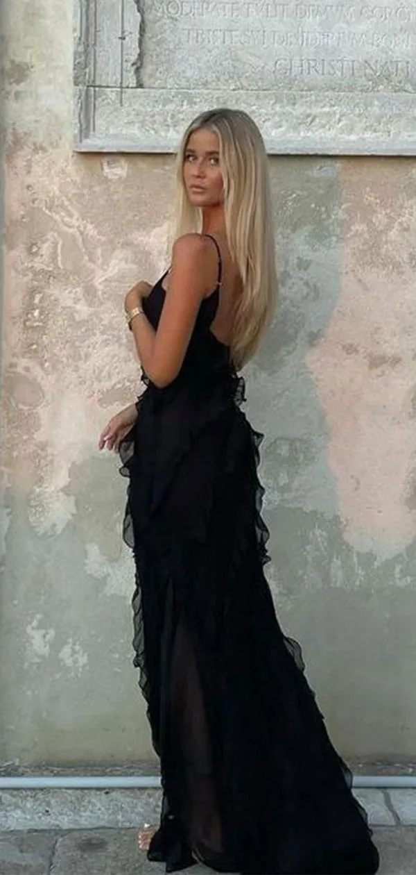 Sexy Black Spaghetti Straps Ruffles A-Line Long Evening  Prom Dresses ,WGP409