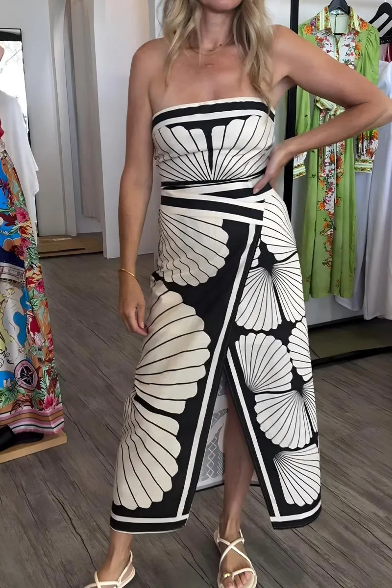 Sexy Geometric Print Irregular Contrast Strapless Printed Dresses