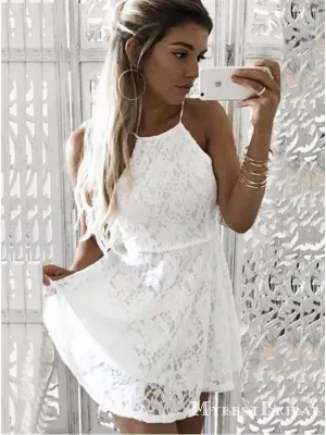 Sexy Halter-Strap White Lace A-line Short Cheap Homecoming Dresses, HDS0021