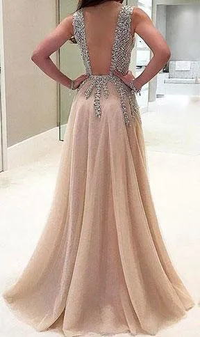 Sexy See Through Delicate Beading Side Slit Tulle Long Evening Prom Dresses, 172344