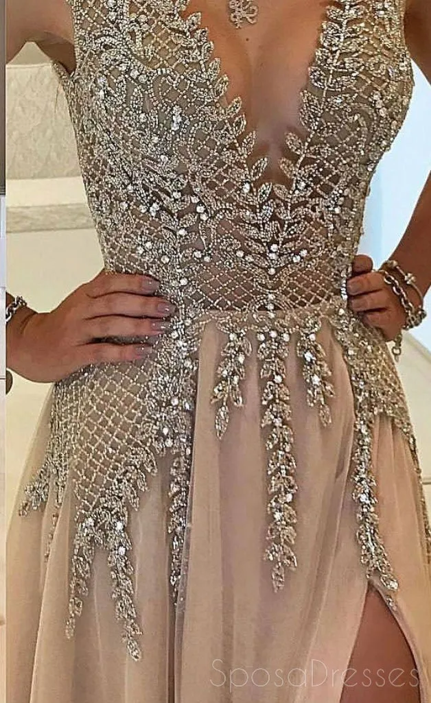 Sexy See Through Delicate Beading Side Slit Tulle Long Evening Prom Dresses, 172344