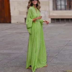 Sexy V-Neck Flare Long Sleeve Maxi Dress Boutique Fashion Geometric Print Party Dress Elegant High Waist Big Hem Loose Long Dress