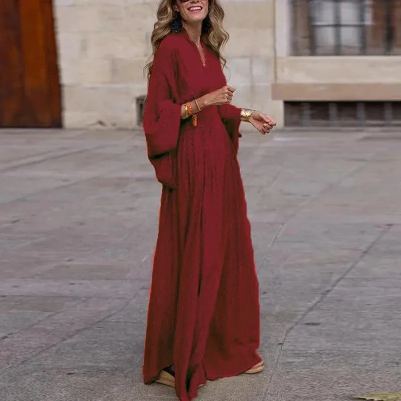Sexy V-Neck Flare Long Sleeve Maxi Dress Boutique Fashion Geometric Print Party Dress Elegant High Waist Big Hem Loose Long Dress