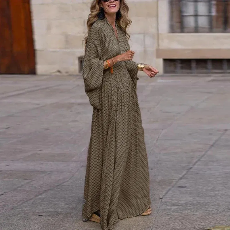 Sexy V-Neck Flare Long Sleeve Maxi Dress Boutique Fashion Geometric Print Party Dress Elegant High Waist Big Hem Loose Long Dress
