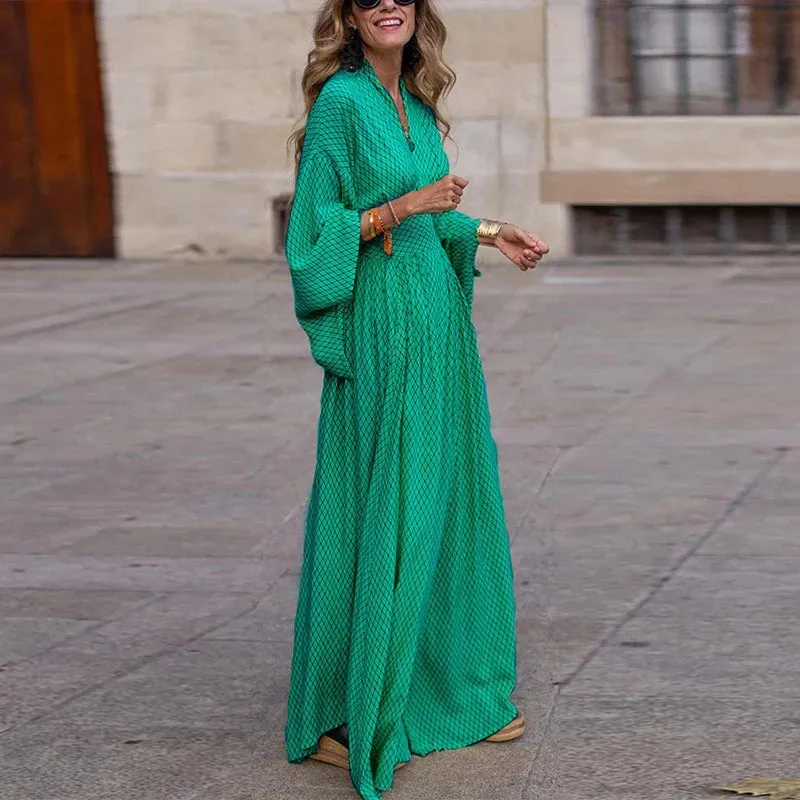 Sexy V-Neck Flare Long Sleeve Maxi Dress Boutique Fashion Geometric Print Party Dress Elegant High Waist Big Hem Loose Long Dress