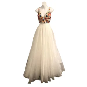 SHERRI HILL 50948 Ivory & Multi-color Two-Piece Organza Ball Gown with Flower Ribbon Embroidered Bodice Size 0