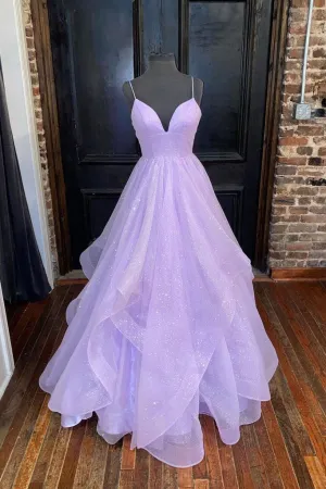 Shiny A-Line Lilac Spaghetti Straps Long Prom Dress. Formal Evening Dress OK1192