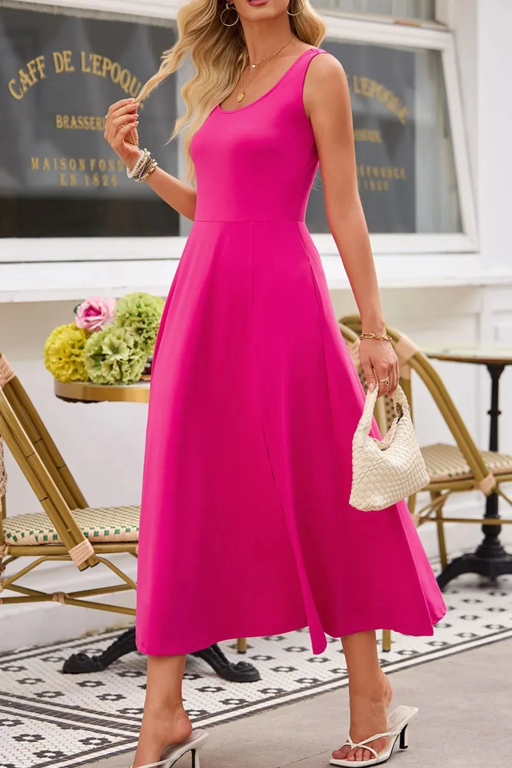 Side Slit Scoop Neck Wide Strap Dress