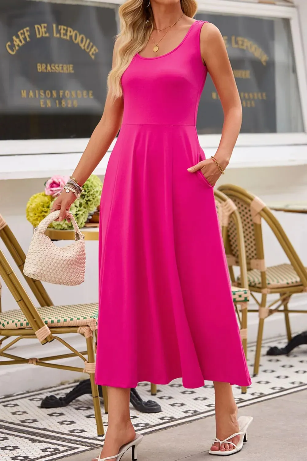 Side Slit Scoop Neck Wide Strap Dress