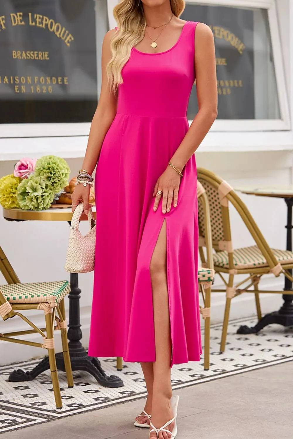 Side Slit Scoop Neck Wide Strap Dress
