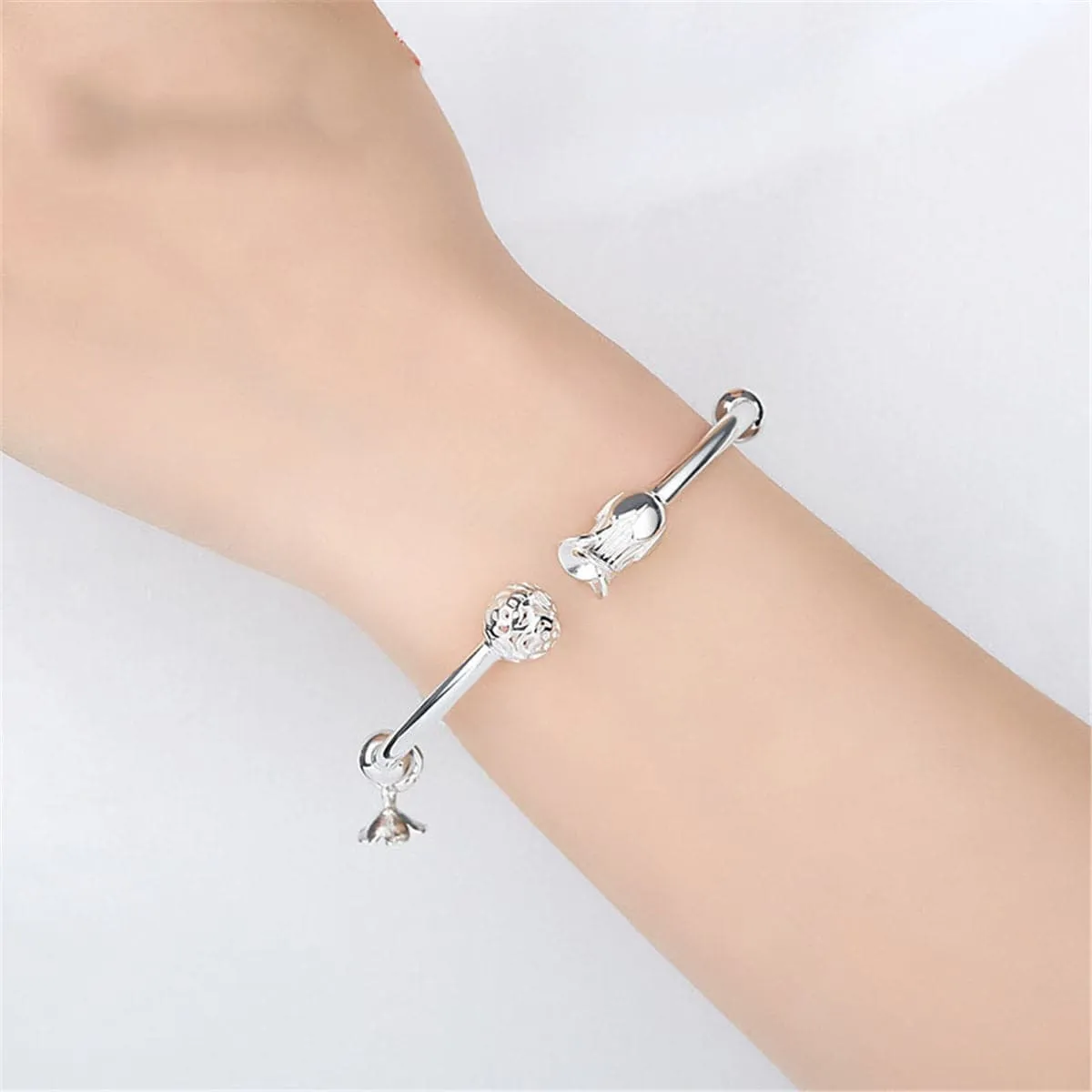 Silver-Plated Ball & Rose Cuff